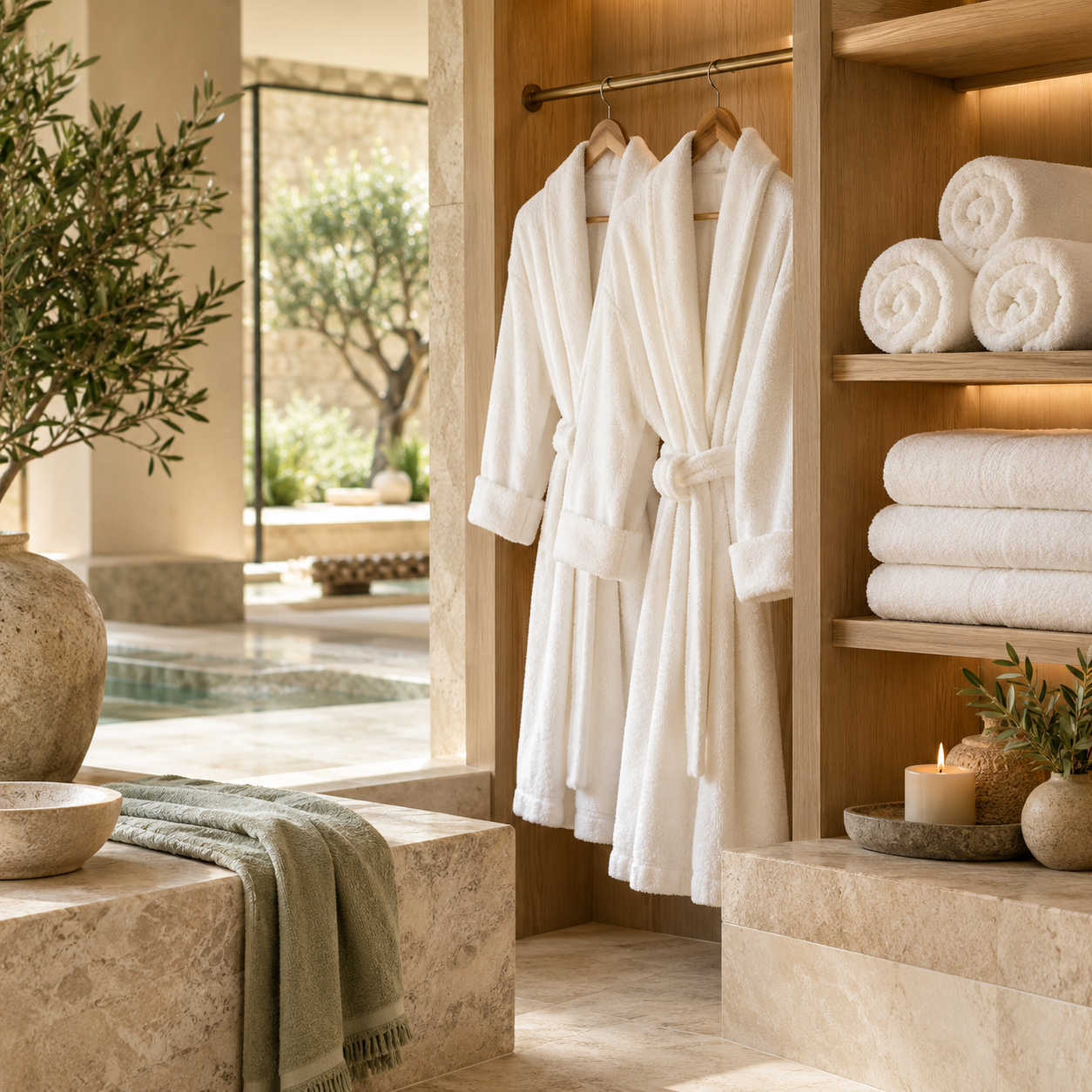 White spa bathrobes and towels