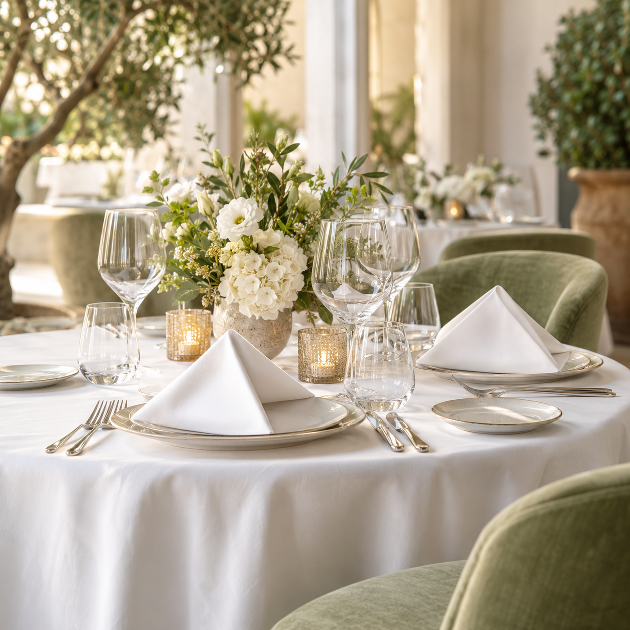 Elegant white table linen and napkins